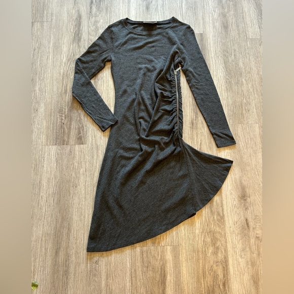 Michael Kors Long Sleeve Charcoal Dress With Side Zipper and Ruched Torso - Picture 2 of 14